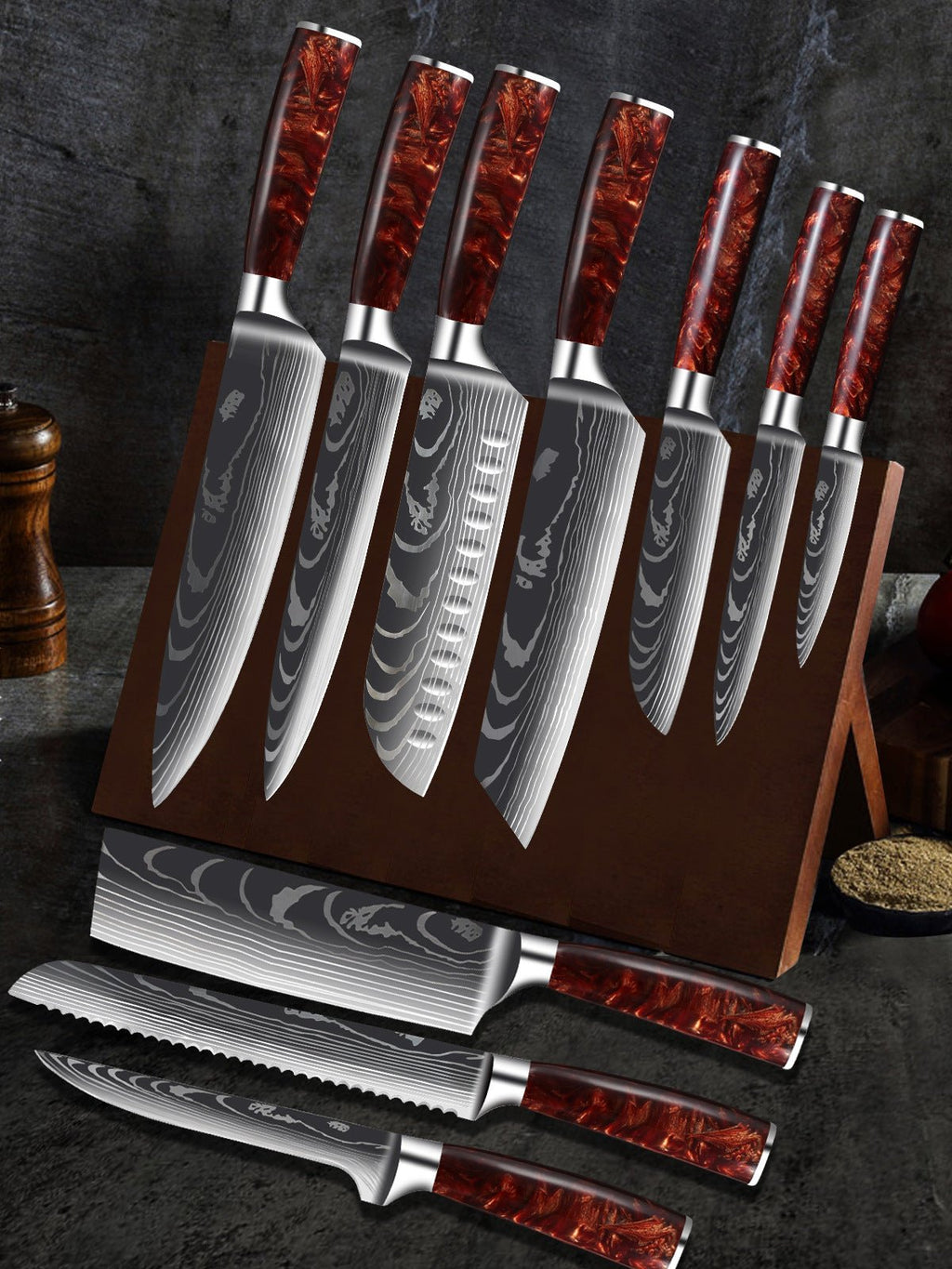 10-Piece Red Handle Damascus Knife Set
