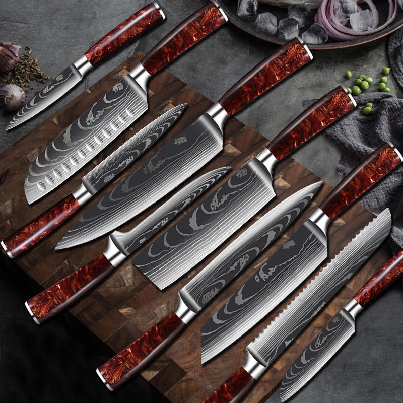 10-Piece Red Handle Damascus Knife Set