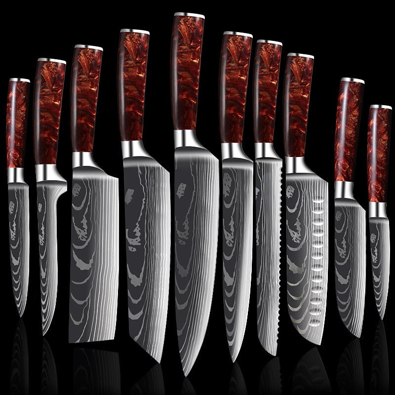 10-Piece Red Handle Damascus Knife Set