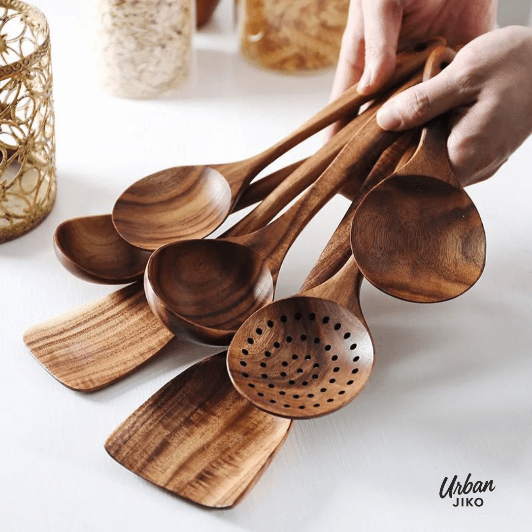 8-Piece Teak Wooden Utensil Set (Holder Included)