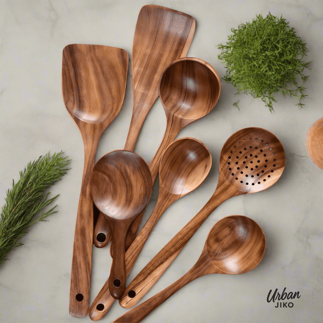 8-Piece Teak Wooden Utensil Set (Holder Included)