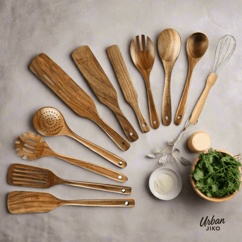 11-Piece Teak Wooden Utensil Set