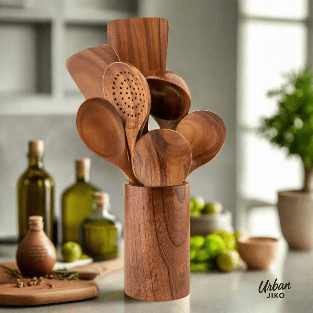 8-Piece Teak Wooden Utensil Set (Holder Included)